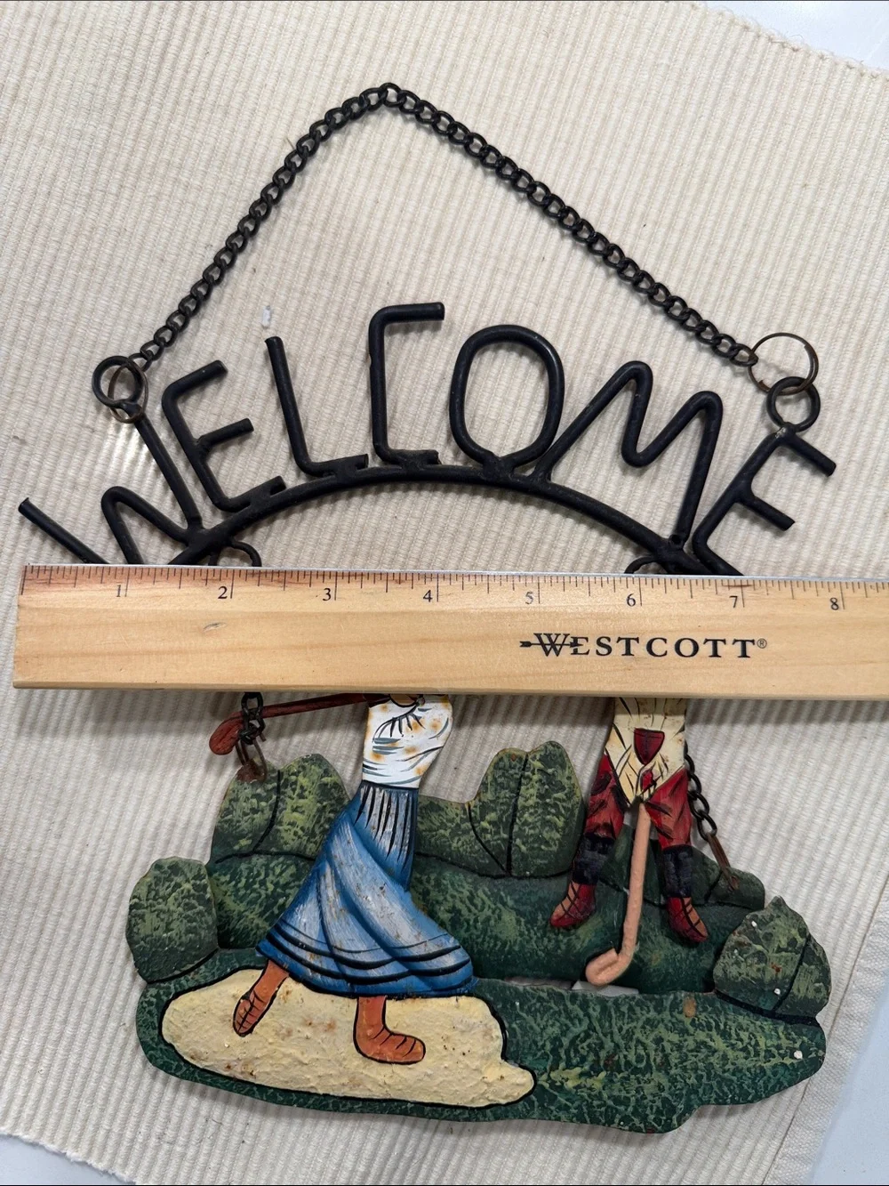 Vintage Welcome Wall Hanging - Black Metal with Multicolor Golf Scene